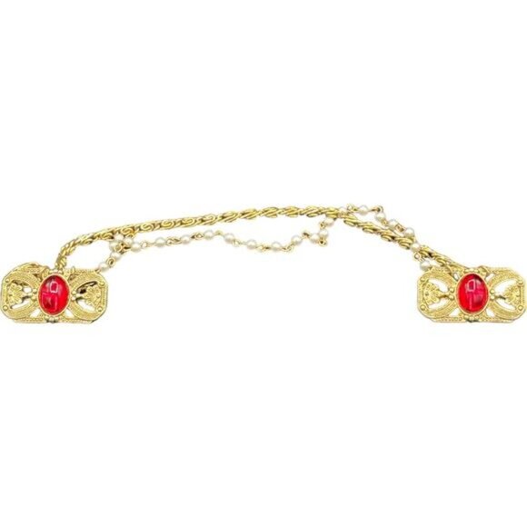 Vintage Ruby Red and Gold Toned Elegant Sweater Cardigan Clip - Picture 3 of 3